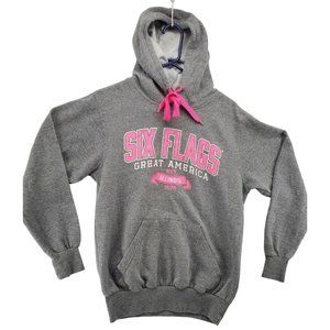 SIX FLAGS Shirt Women's Long Sleeve Cotton Blend Sweatshirt Hooded Grey Small